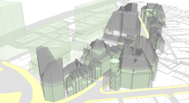 渋谷の3D情報に各種の斜線制限を分かりやすく重ねて、将来の整備・開発・景観のあり方を検討※まちづくり勉強会・協議会の検討に役立てるとともに、まちづくりニュースやホームページにも提供しています